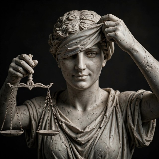 Lady Justice, lifting her blindfold to peek with one eye